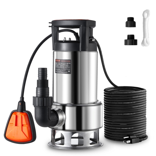VEVOR 1HP Sump Pump, 4020GPH, 30FT Lift Stainless Steel Submersible Sludge Pump with 26FT Power Cord Automatic ON/OFF Float Switch, Drain Clean/Dirty