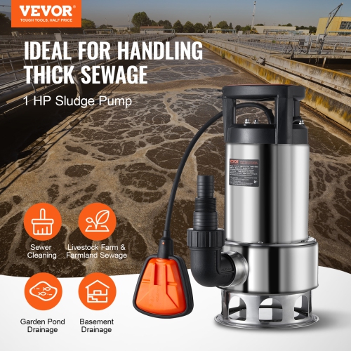 VEVOR 1HP Sump Pump, 4020GPH, 30FT Lift Stainless Steel Submersible Sludge Pump with 26FT Power Cord Automatic ON/OFF Float Switch, Drain Clean/Dirty
