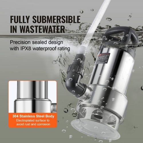 VEVOR 1HP Sump Pump, 4020GPH, 30FT Lift Stainless Steel Submersible Sludge Pump with 26FT Power Cord Automatic ON/OFF Float Switch, Drain Clean/Dirty