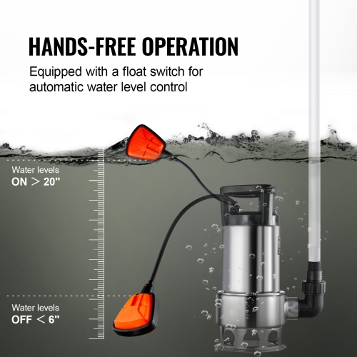 VEVOR 1HP Sump Pump, 4020GPH, 30FT Lift Stainless Steel Submersible Sludge Pump with 26FT Power Cord Automatic ON/OFF Float Switch, Drain Clean/Dirty