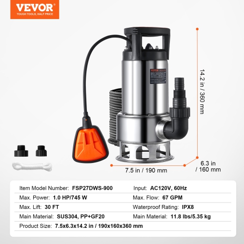 VEVOR 1HP Sump Pump, 4020GPH, 30FT Lift Stainless Steel Submersible Sludge Pump with 26FT Power Cord Automatic ON/OFF Float Switch, Drain Clean/Dirty