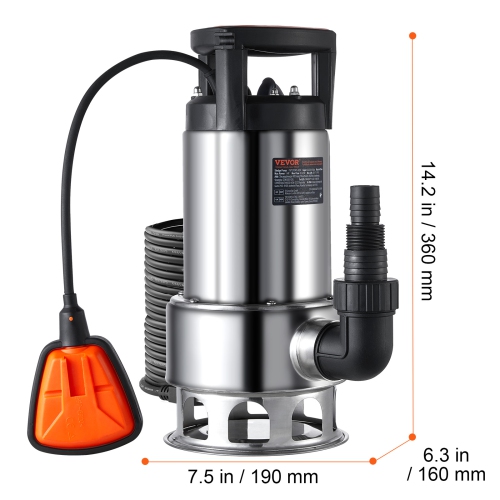 VEVOR 1HP Sump Pump, 4020GPH, 30FT Lift Stainless Steel Submersible Sludge Pump with 26FT Power Cord Automatic ON/OFF Float Switch, Drain Clean/Dirty