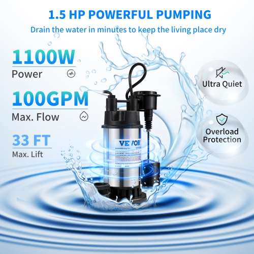 VEVOR 1.5 HP Submersible Cast Iron and Steel Sump Pump, 6000 GPH Submersible Water Pump with Integrated Vertical Float Switch, for Basement Water