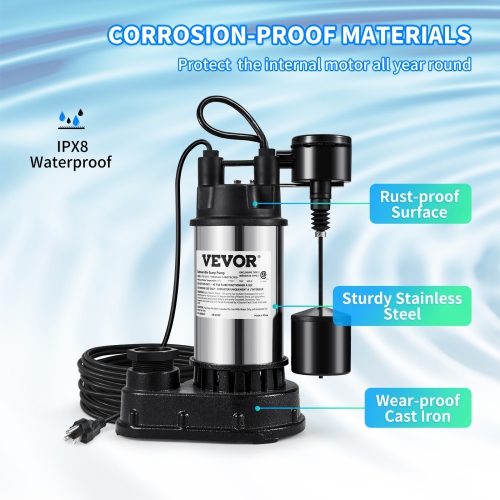 VEVOR 1.5 HP Submersible Cast Iron and Steel Sump Pump, 6000 GPH Submersible Water Pump with Integrated Vertical Float Switch, for Basement Water