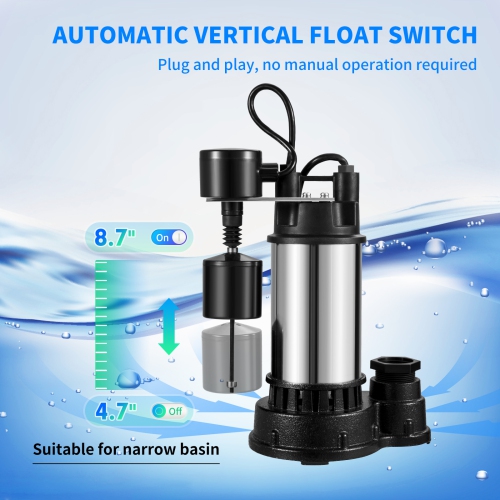 VEVOR 1.5 HP Submersible Cast Iron and Steel Sump Pump, 6000 GPH Submersible Water Pump with Integrated Vertical Float Switch, for Basement Water