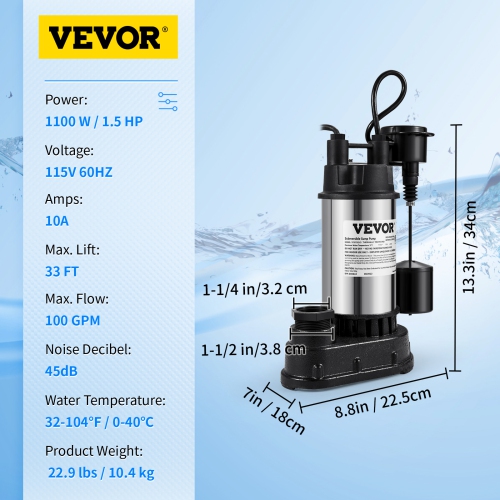 VEVOR 1.5 HP Submersible Cast Iron and Steel Sump Pump, 6000 GPH Submersible Water Pump with Integrated Vertical Float Switch, for Basement Water