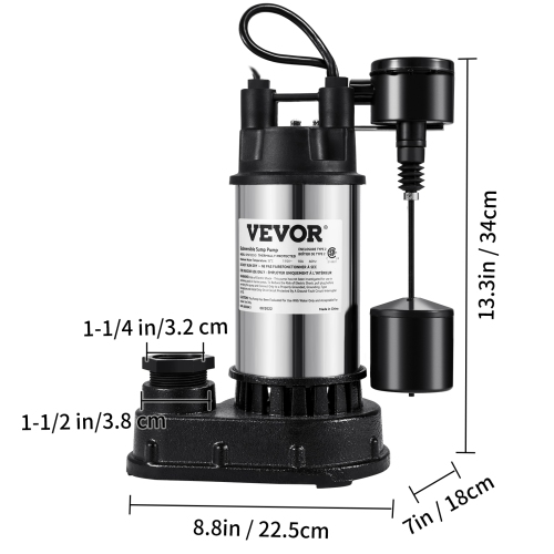 VEVOR 1.5 HP Submersible Cast Iron and Steel Sump Pump, 6000 GPH Submersible Water Pump with Integrated Vertical Float Switch, for Basement Water