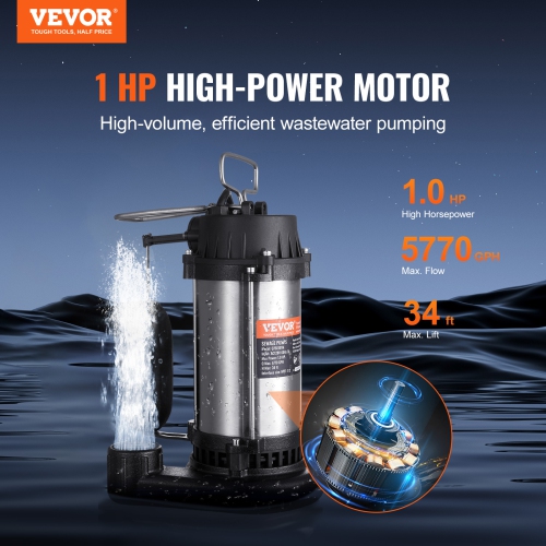 VEVOR 1HP 5770GPH Submersible Sewage Pump, Cast Iron Sewage Water Pump with 34 ft Lift 10 ft Power Cord and Automatic Float Switch, Stainless Steel