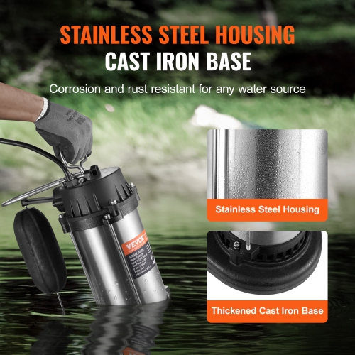 VEVOR 1HP 5770GPH Submersible Sewage Pump, Cast Iron Sewage Water Pump with 34 ft Lift 10 ft Power Cord and Automatic Float Switch, Stainless Steel