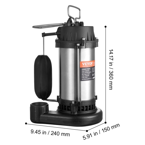VEVOR 1HP 5770GPH Submersible Sewage Pump, Cast Iron Sewage Water Pump with 34 ft Lift 10 ft Power Cord and Automatic Float Switch, Stainless Steel