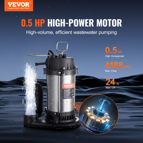 VEVOR 0.5HP 4188GPH Submersible Sewage Pump, Cast Iron Sewage Water Pump with 24&nbsp;ft Lift 10 ft Power Cord and Automatic Float Switch, Stainless