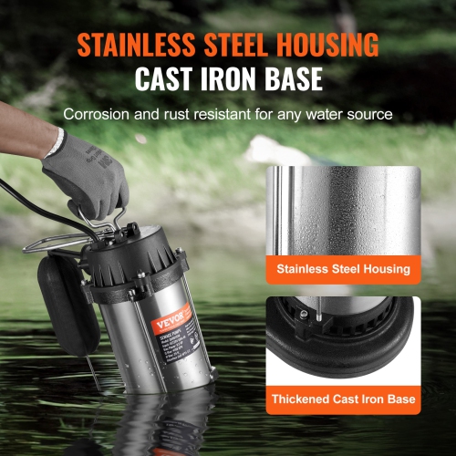 VEVOR 0.5HP 4188GPH Submersible Sewage Pump, Cast Iron Sewage Water Pump with 24&nbsp;ft Lift 10 ft Power Cord and Automatic Float Switch, Stainless