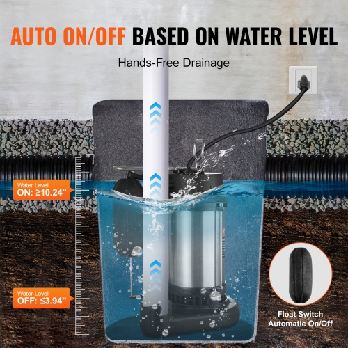 VEVOR 0.5HP 4188GPH Submersible Sewage Pump, Cast Iron Sewage Water Pump with 24&nbsp;ft Lift 10 ft Power Cord and Automatic Float Switch, Stainless