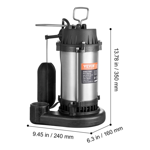 VEVOR 0.5HP 4188GPH Submersible Sewage Pump, Cast Iron Sewage Water Pump with 24&nbsp;ft Lift 10 ft Power Cord and Automatic Float Switch, Stainless