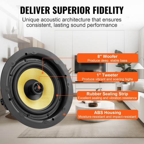 VEVOR 8 Inch in Ceiling Speakers, 200-Watts, Flush Mount Ceiling & in-Wall Speakers System with 8ΩImpedance 89dB Sensitivity, for Home Kitchen Living