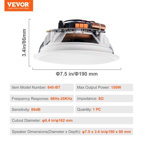 Haut-parleurs de plafond Bluetooth 6,5&nbsp;po VEVOR, 150&nbsp;W, plafond encastré et haut-parleurs encastrables, sensibilité 89&nbsp;dB 8ΩImpedance,