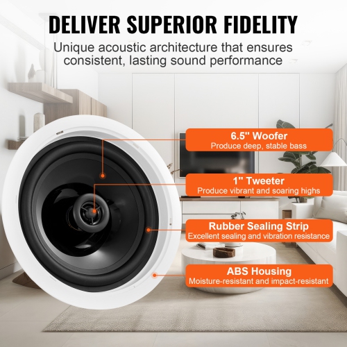VEVOR 6.5 Inch in Ceiling Speakers, 150-Watts, Flush Mount Ceiling & in-Wall Speakers System with 8ΩImpedance 89dB Sensitivity, for Home Kitchen