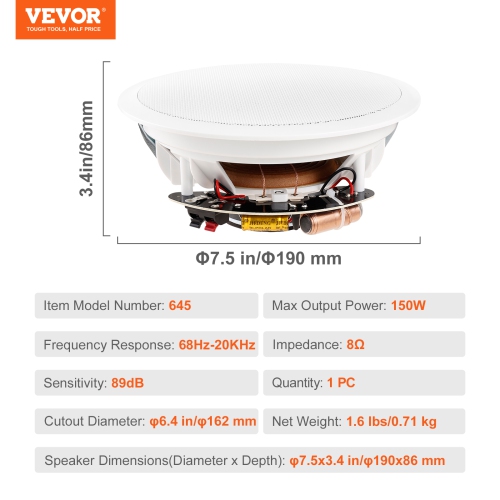 VEVOR 6.5 Inch in Ceiling Speakers, 150-Watts, Flush Mount Ceiling & in-Wall Speakers System with 8ΩImpedance 89dB Sensitivity, for Home Kitchen