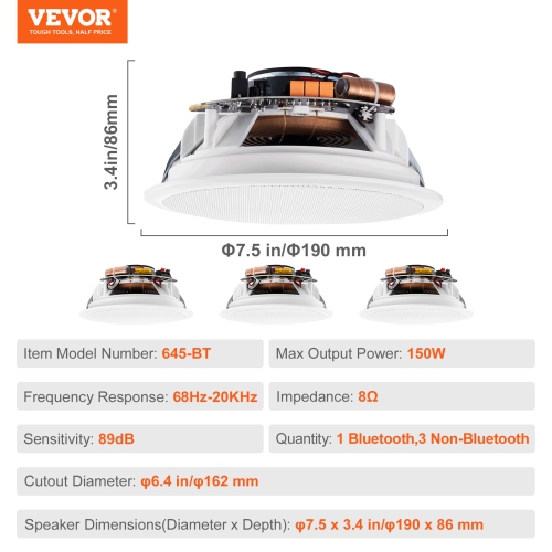 VEVOR 4 PCs 6.5'' Bluetooth in Ceiling Speakers, 150W, Flush Mount Ceiling & in-Wall Speaker System with 8ΩImpedance 89dB Sensitivity, for Home