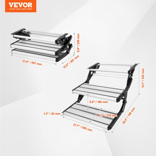 VEVOR 2-Step RV Steps, Manual Retractable RV Stairs, 440 LBS Load Capacity, Aluminum Alloy Steps, Thickened Steel Plate, Non-Slip Steps for Entry and