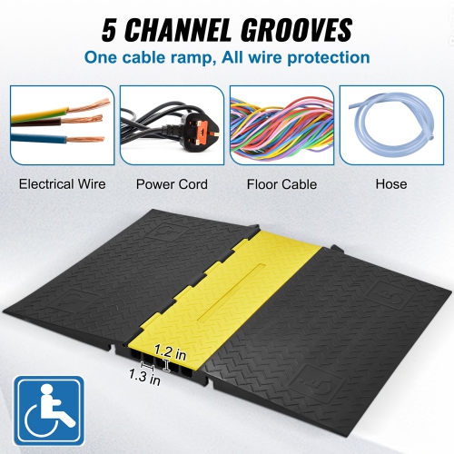 VEVOR 5-Channel Rubber Cable Guard, 22000 lbs per Axle Load Capacity, Durable Cord Protection Ramp with Hinged Lid for Driveway, Speed Control, and