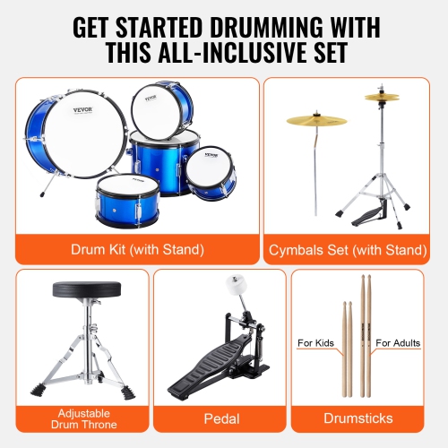 VEVOR 5-Piece Kids Drum Set, 16 in Beginner Full Drum Set with Bass Toms Snare Floor Drum Adjustable Throne Cymbal Hi-Hat Pedal and Two Pairs of