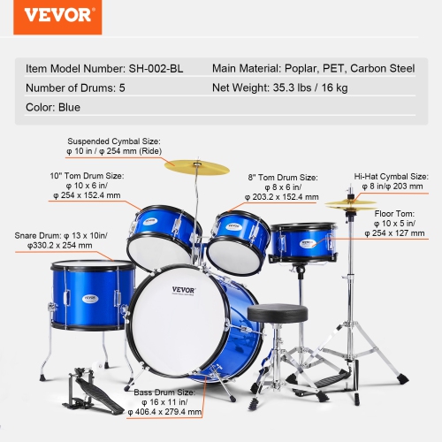 VEVOR 5-Piece Kids Drum Set, 16 in Beginner Full Drum Set with Bass Toms Snare Floor Drum Adjustable Throne Cymbal Hi-Hat Pedal and Two Pairs of