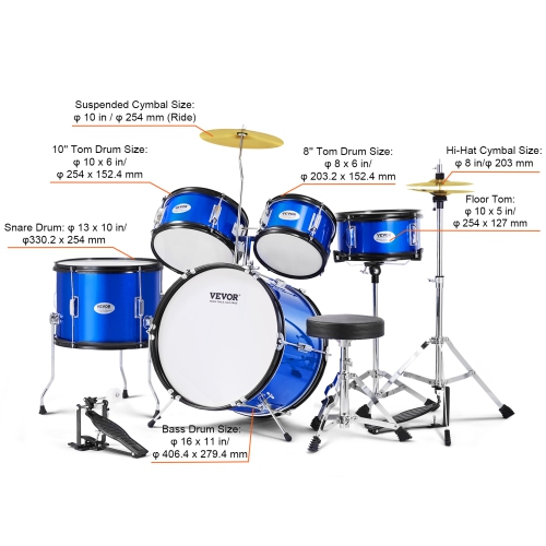 VEVOR 5-Piece Kids Drum Set, 16 in Beginner Full Drum Set with Bass Toms Snare Floor Drum Adjustable Throne Cymbal Hi-Hat Pedal and Two Pairs of