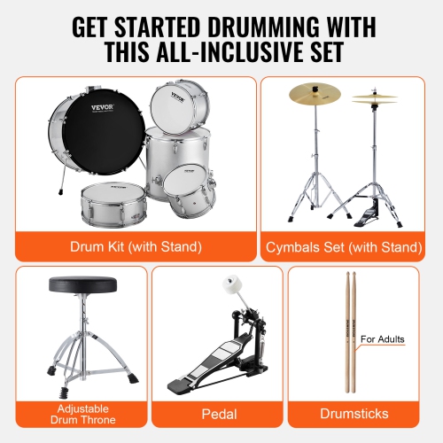 VEVOR 5-Piece Adult Drum Set, 22 inches Full Size Drum Kit with Bass Toms Snare Floor Drum Adjustable Throne Stands Cymbal Hi-Hat Pedal and