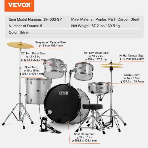 VEVOR 5-Piece Adult Drum Set, 22 inches Full Size Drum Kit with Bass Toms Snare Floor Drum Adjustable Throne Stands Cymbal Hi-Hat Pedal and