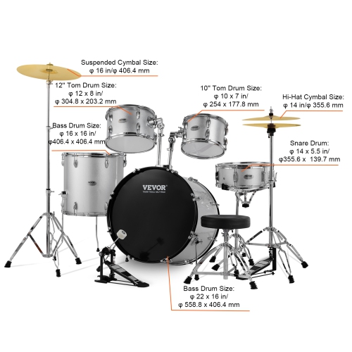 VEVOR 5-Piece Adult Drum Set, 22 inches Full Size Drum Kit with Bass Toms Snare Floor Drum Adjustable Throne Stands Cymbal Hi-Hat Pedal and