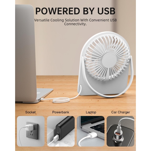 Portable USB Desktop Fan, USB-A Attached Powered Small Personal Fan, 3 Speeds, Hangable Mini Foldable Desktop Fan