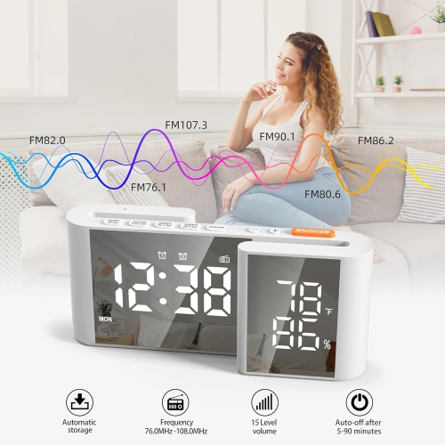 S-shaped dual screen LED display - FM radio, dual alarm clock, auto dimming display and USB charging, ideal for bedroom/office