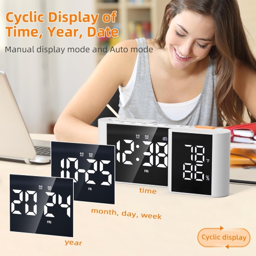 S-shaped dual screen LED display - FM radio, dual alarm clock, auto dimming display and USB charging, ideal for bedroom/office