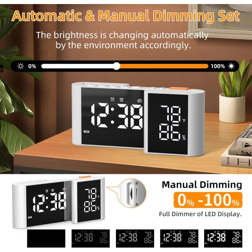 S-shaped dual screen LED display - FM radio, dual alarm clock, auto dimming display and USB charging, ideal for bedroom/office