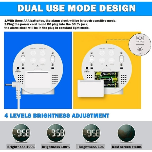 Réveille-matin numérique minimaliste LED - Luminosité réglable, 5 modes d'alarme, fonction, double alimentation, format 12/24 heures, Parfait pour le