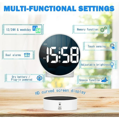 Réveille-matin numérique minimaliste LED - Luminosité réglable, 5 modes d'alarme, fonction, double alimentation, format 12/24 heures, Parfait pour le
