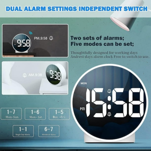 Réveille-matin numérique minimaliste LED - Luminosité réglable, 5 modes d'alarme, fonction, double alimentation, format 12/24 heures, Parfait pour le