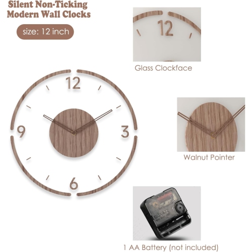 horloge murale simple et moderne de 35 cm, design en bois et acrylique givré, horloge murale silencieuse et sans crochet alimentée par piles,