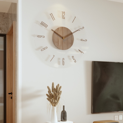 35cm simple modern wall clock, frosted acrylic and wooden design, silent and tickless battery-powered wall clock, round simple decorative living room