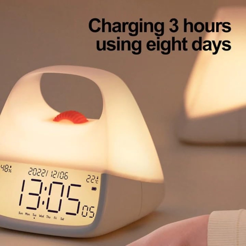 Night Light with Clock Digital Alarm Clock and Alarm Dimmable LED with Temperature/Humidity Sensor, Touch Control, Handheld Night Light