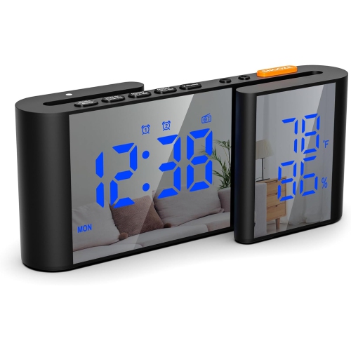 Smart S-shaped dual screen LED display mirror display alarm clock - temperature and humidity display, 15-level volume adjustment, sleep timer and USB
