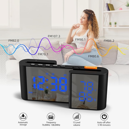 Smart S-shaped dual screen LED display mirror display alarm clock - temperature and humidity display, 15-level volume adjustment, sleep timer and USB