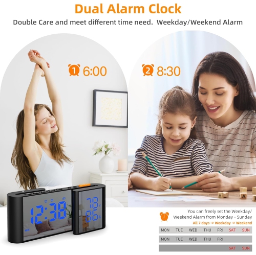 Smart S-shaped dual screen LED display mirror display alarm clock - temperature and humidity display, 15-level volume adjustment, sleep timer and USB
