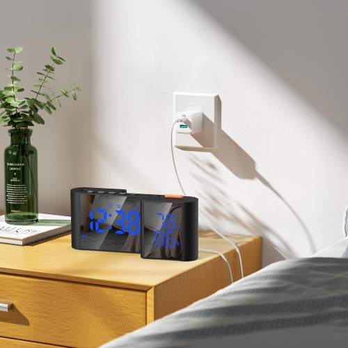 Smart S-shaped dual screen LED display mirror display alarm clock - temperature and humidity display, 15-level volume adjustment, sleep timer and USB