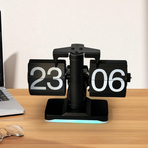 Retro Automatic Page-Turning Desk Clock with Ambient Light - Stainless Steel/PP Construction, Silent Flip Mechanism, Perfect for Office/Bedroom Decor