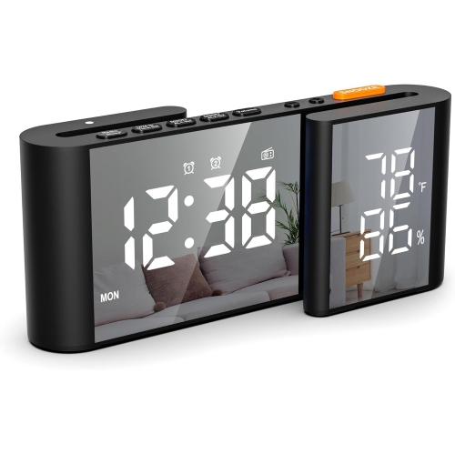 S-shaped dual screen LED display - FM radio, dual alarm clock, auto dimming display and USB charging, ideal for bedroom/office