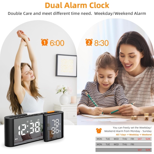 S-shaped dual screen LED display - FM radio, dual alarm clock, auto dimming display and USB charging, ideal for bedroom/office