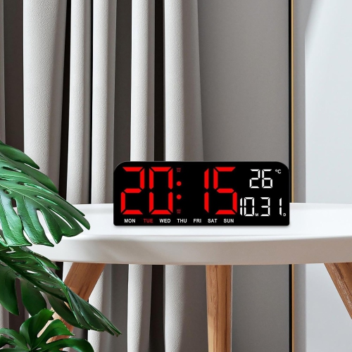 White multifunctional LED wall clock - HD display, adjustable brightness and temperature display, automatic dimming, dual alarm clock(Plug-in Model)