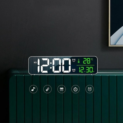 Smart Digital Alarm Clock - Auto-Dimming Mirror Display, 40 Music Options, Dual Alarms, Temperature and Date Multi-Function Plug-In Clock